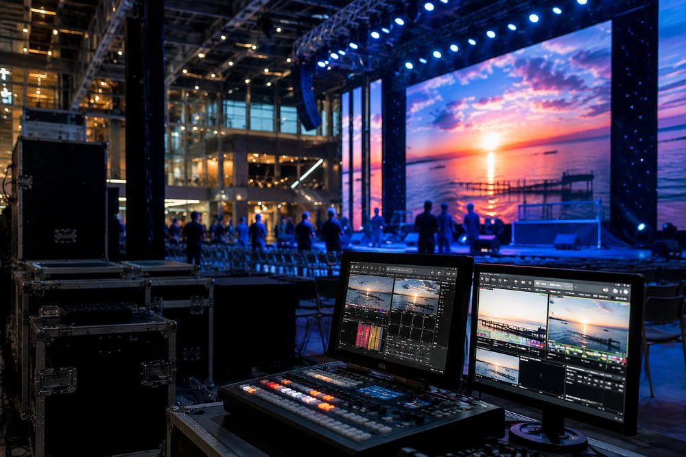 LED screen wall and show control desks at an outdoor stage